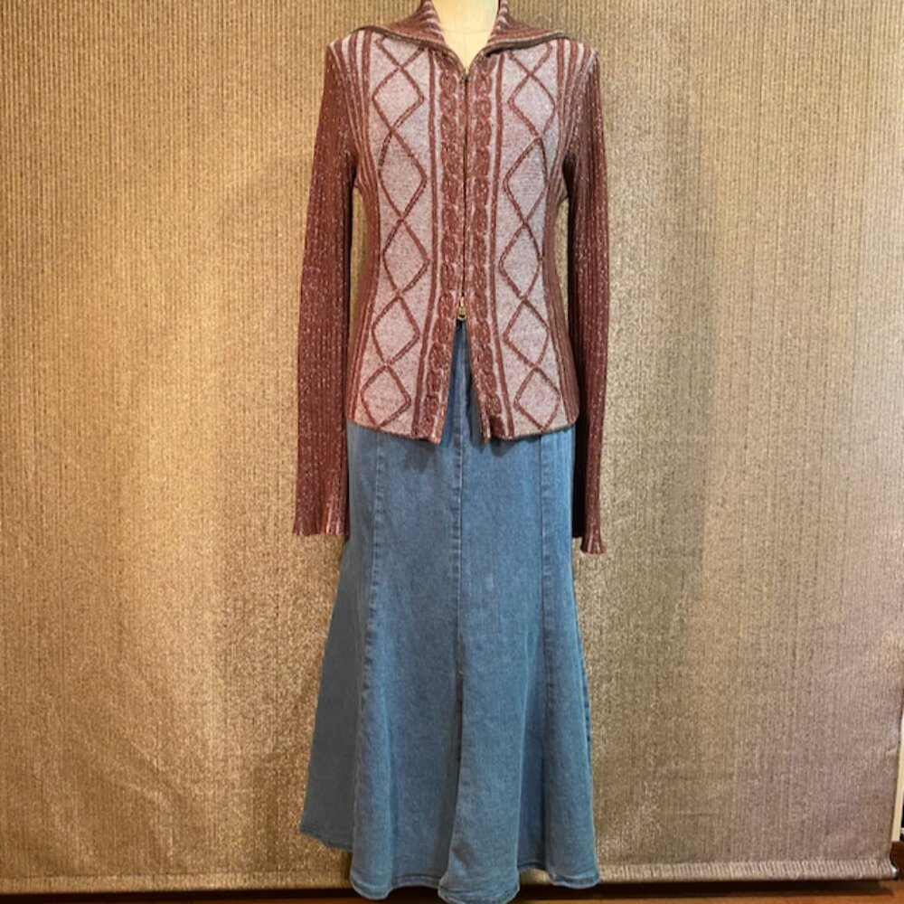 Brown & Blue Double Zipper Knited Sweater, Snowflake from Buckle, Size Medium